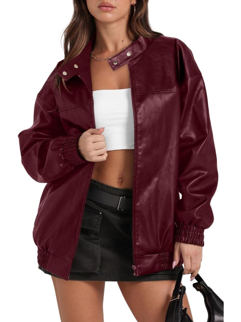 Women's Leather Red Jacket Oversized Motorcycle Bomber Fall Fashion Coats